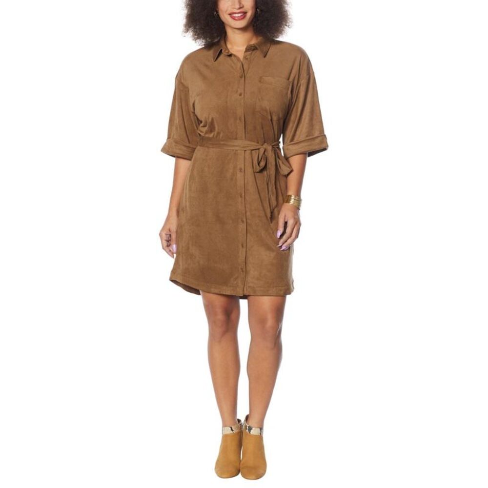 H Halston Faux Suede Shirt Dress  S